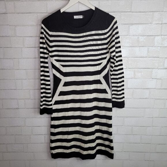 Calvin Klein Black White Striped Illusion Knit Dress - Picture 1 of 4
